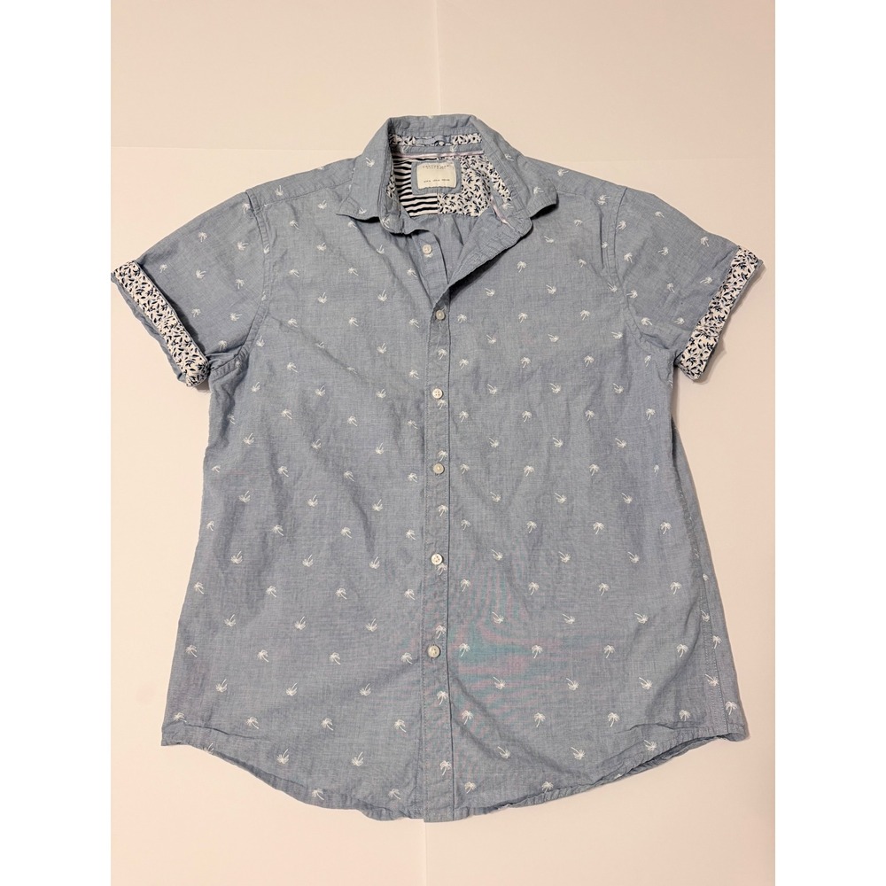 Cactus Man Ricky Singh Mens Medium Blue Palm Tree Print Short Sleeve Button Down